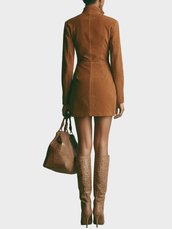 Abito Mini in Camoscio Marrone con Collo Alto e Zip - Miriam di Amora Moda, foto 6