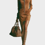 Abito Mini in Camoscio Marrone con Collo Alto e Zip - Miriam di Amora Moda