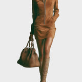 Abito Mini in Camoscio Marrone con Collo Alto e Zip - Miriam di Amora Moda