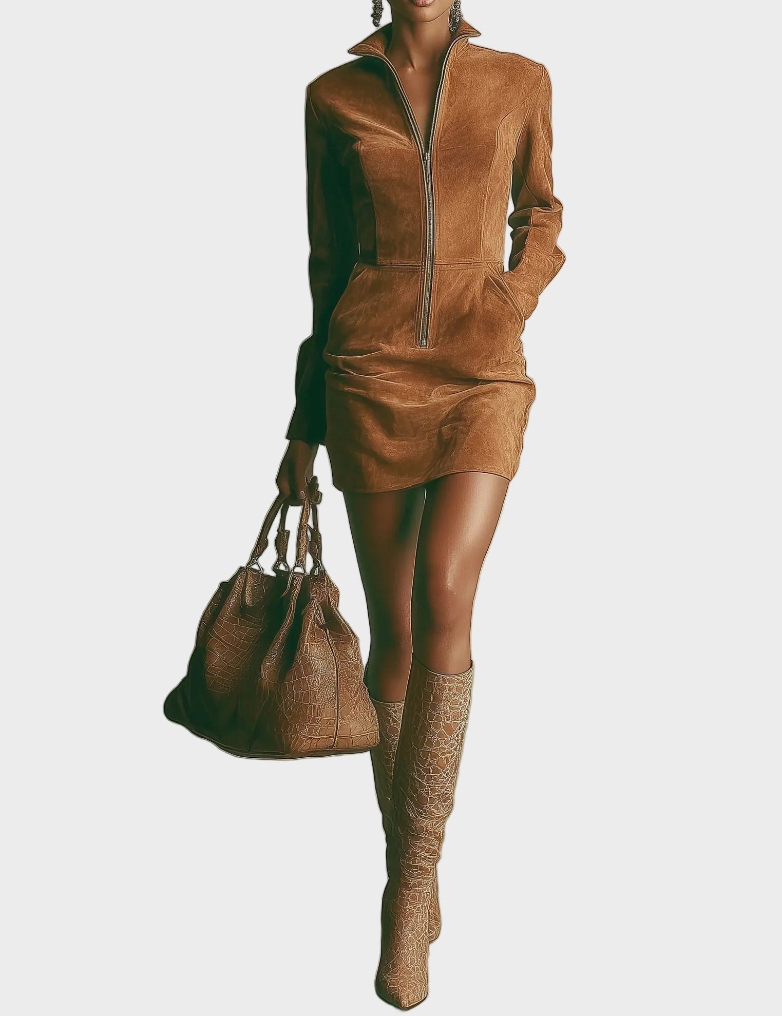 Abito Mini in Camoscio Marrone con Collo Alto e Zip - Miriam di Amora Moda