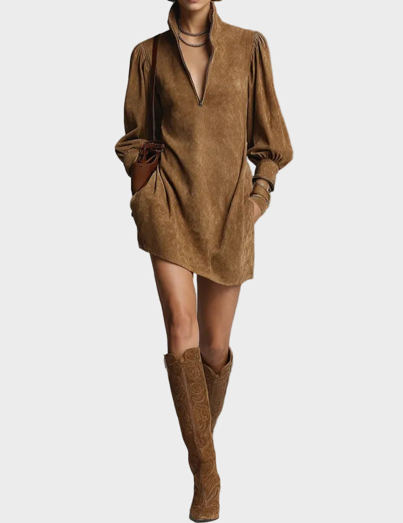 Abito Mini con Collo Alto in marrone - Mirella di Amora Moda
