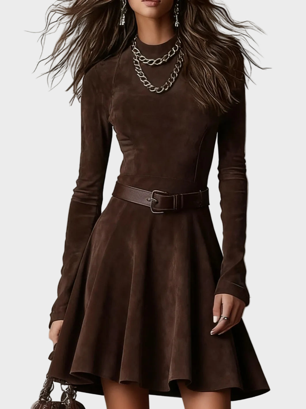 Abito Vintage in Scamosciato Marrone Scuro con Collo Alto - Bianca di Amora Moda, foto 3