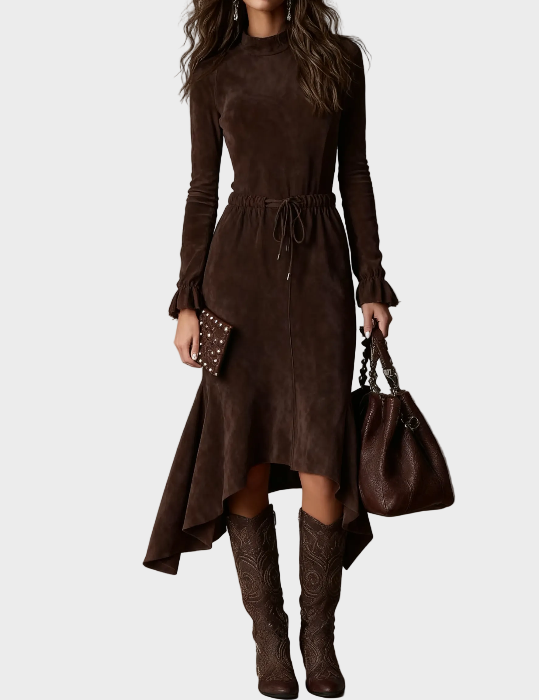 Abito Midi in Camoscio Marrone Scuro da Annodare - Rosaria di Amora Moda