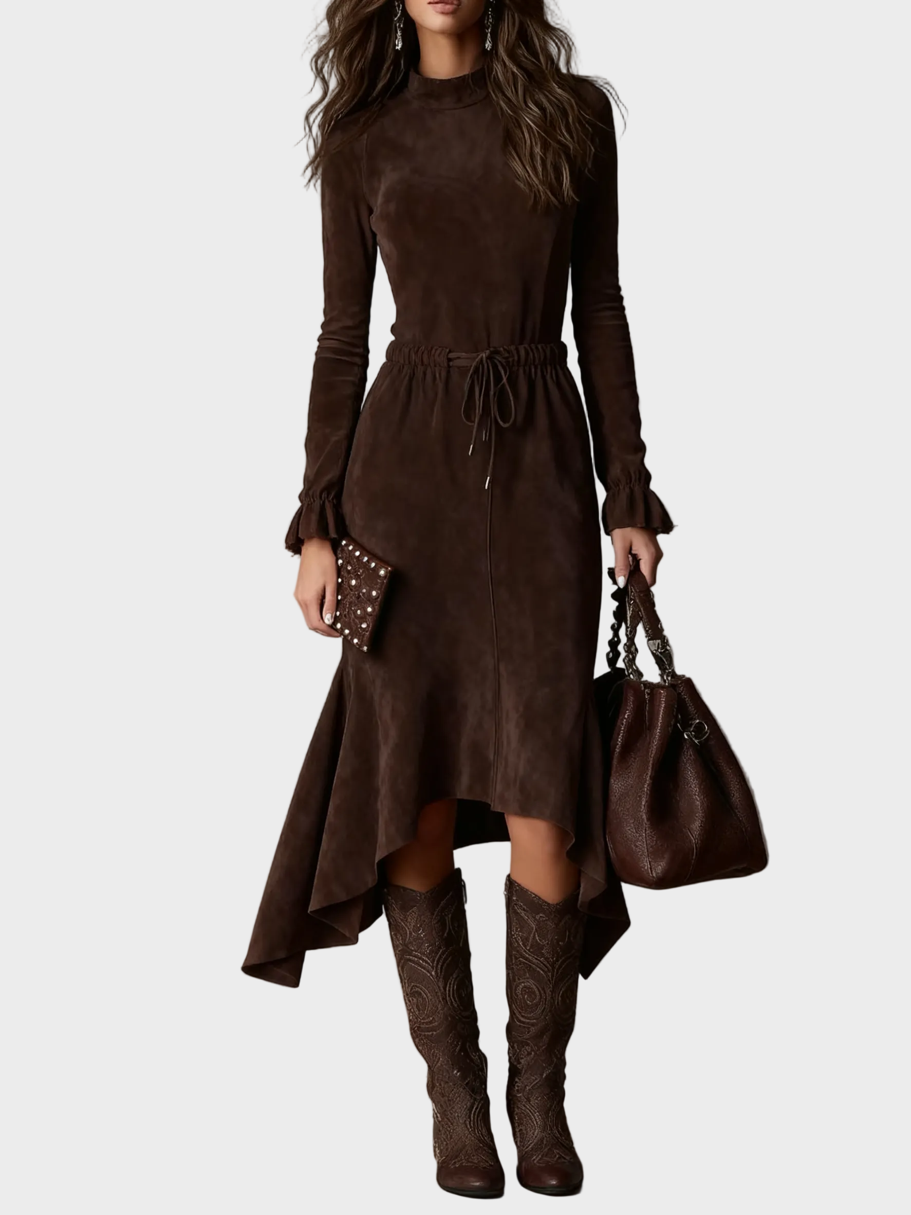 Abito Midi in Camoscio Marrone Scuro da Annodare - Rosaria di Amora Moda