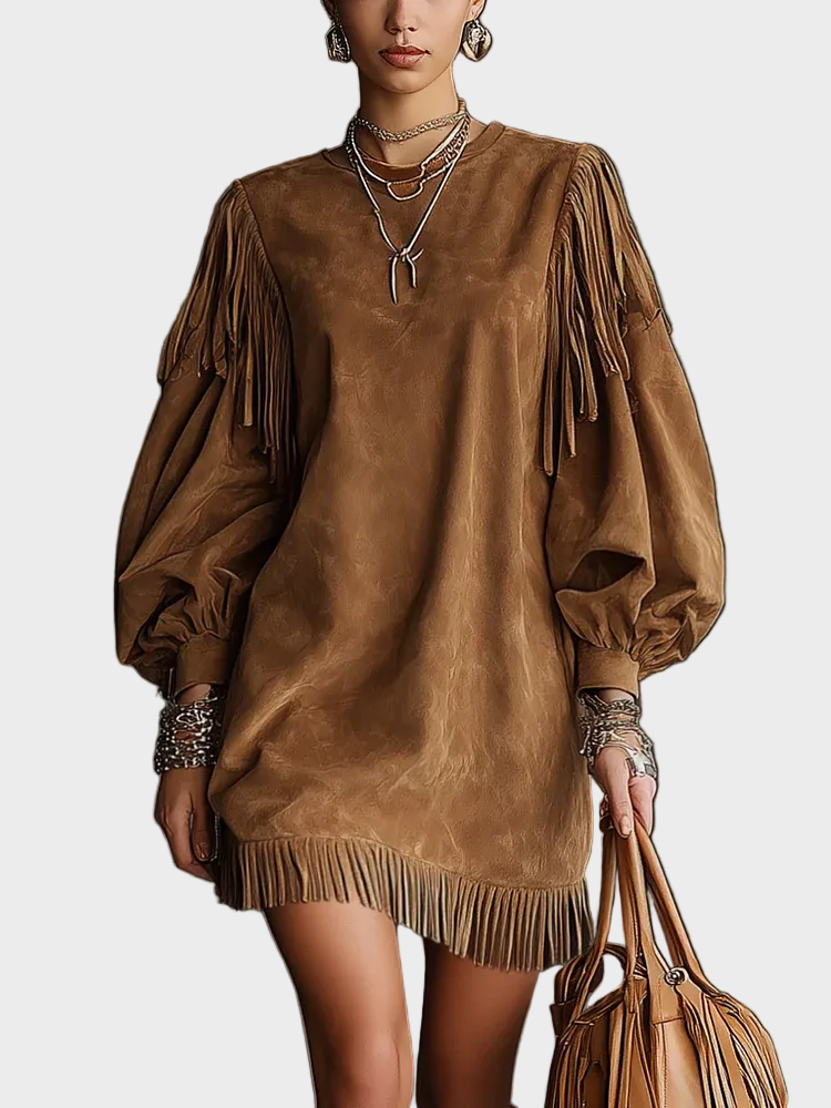 Abito Mini Vintage a Maniche Lunghe in marrone - Milena di Amora Moda
