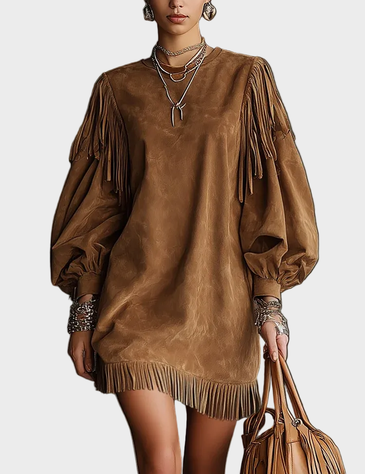 Abito Mini Vintage a Maniche Lunghe in marrone - Milena di Amora Moda