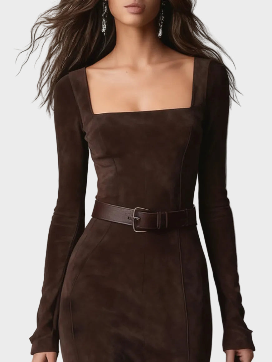 Abito Maxi in Similpelle Marrone Scuro con Scollo Quadrato - Marcella di Amora Moda, foto 3