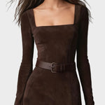 Abito Maxi in Similpelle Marrone Scuro con Scollo Quadrato - Marcella di Amora Moda, foto 3