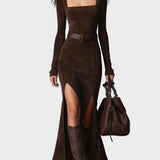 Abito Maxi in Similpelle Marrone Scuro con Scollo Quadrato - Marcella di Amora Moda