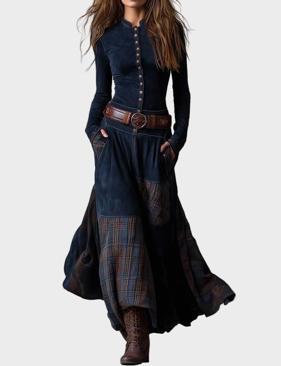 Abito Maxi in Camoscio Blu Navy con Cintura - Elena di Amora Moda