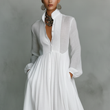 Marta - Abito Maxi in Lino con Dettagli Patchwork e Collo Alto