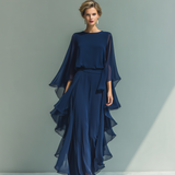 Margherita - Insieme in Chiffon Blu Navy con Maniche a Campana e Volant