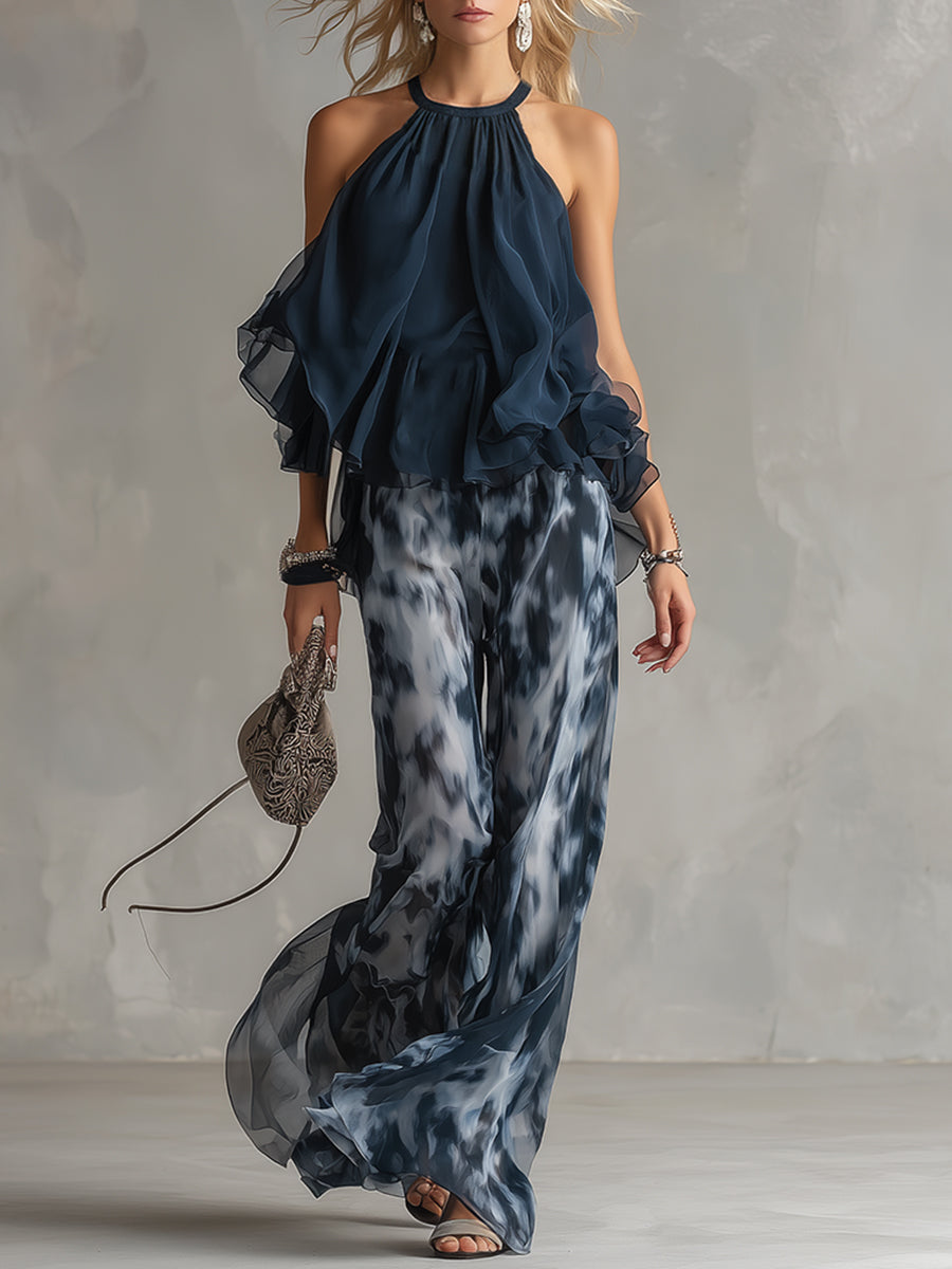 Completo con Canotta e Pantaloni Stampati a Gamba Larga in blu navy - Ludovica di Amora Moda