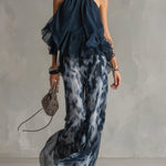 Completo con Canotta e Pantaloni Stampati a Gamba Larga in blu navy - Ludovica di Amora Moda