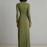 Vittoria - Abito Maxi in Seta Oliva con Profondo Scollo a V