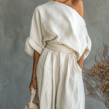 Paola - Insieme Lino Off-Shoulder con Pantalone Tapered