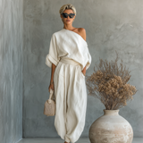 Paola - Insieme Lino Off-Shoulder con Pantalone Tapered