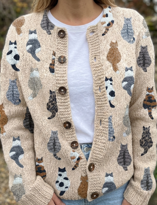 Cardigan con Motivo di Gatti in beige - Carlotta di Amora Moda