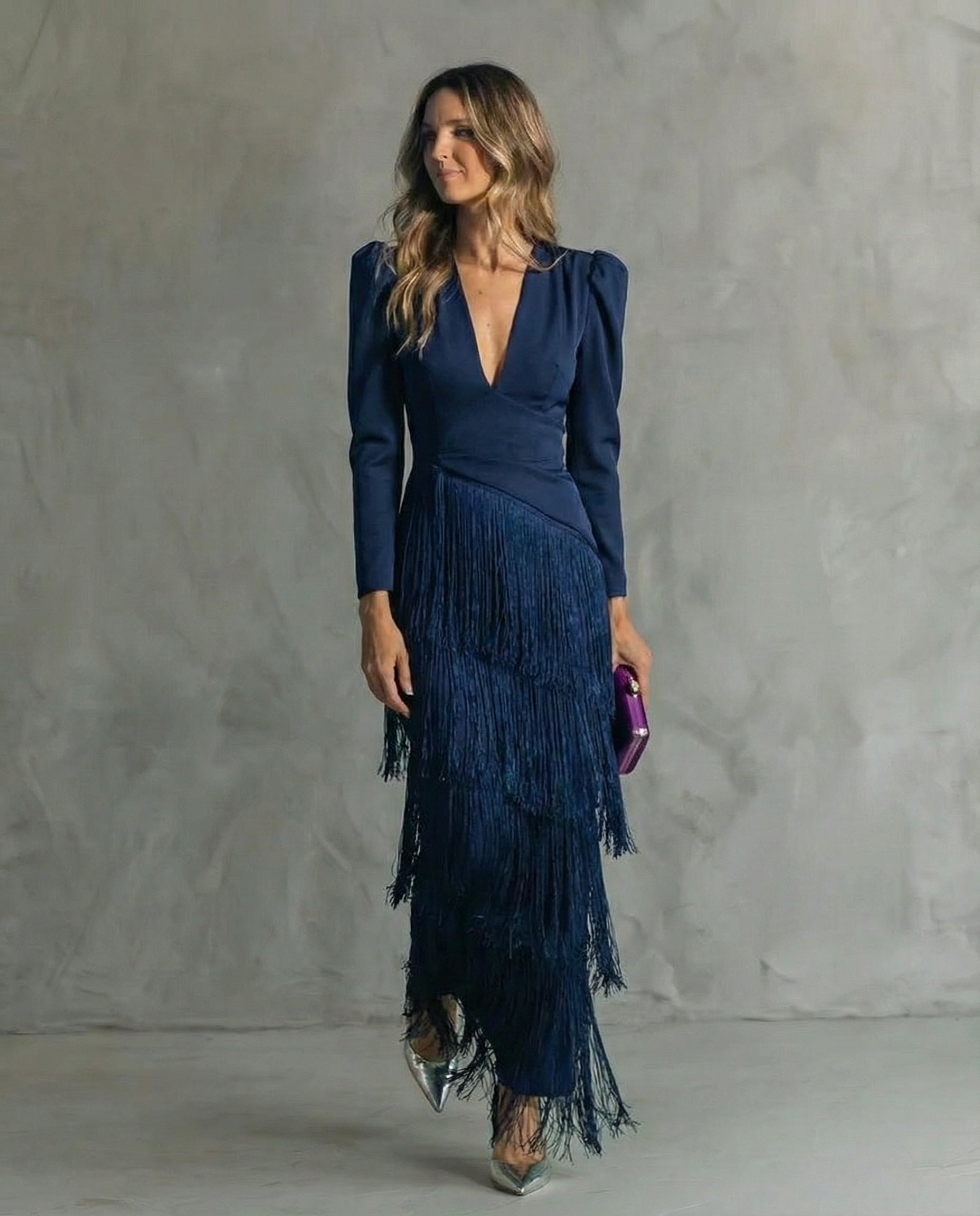 Abito Elegante con Maniche a Frange in blu - Chiara di Amora Moda, foto 6