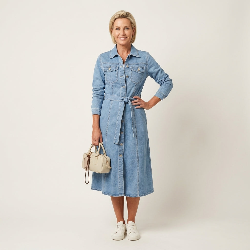 Abito Maxi in Denim a Maniche Lunghe - Mariella di Amora Moda