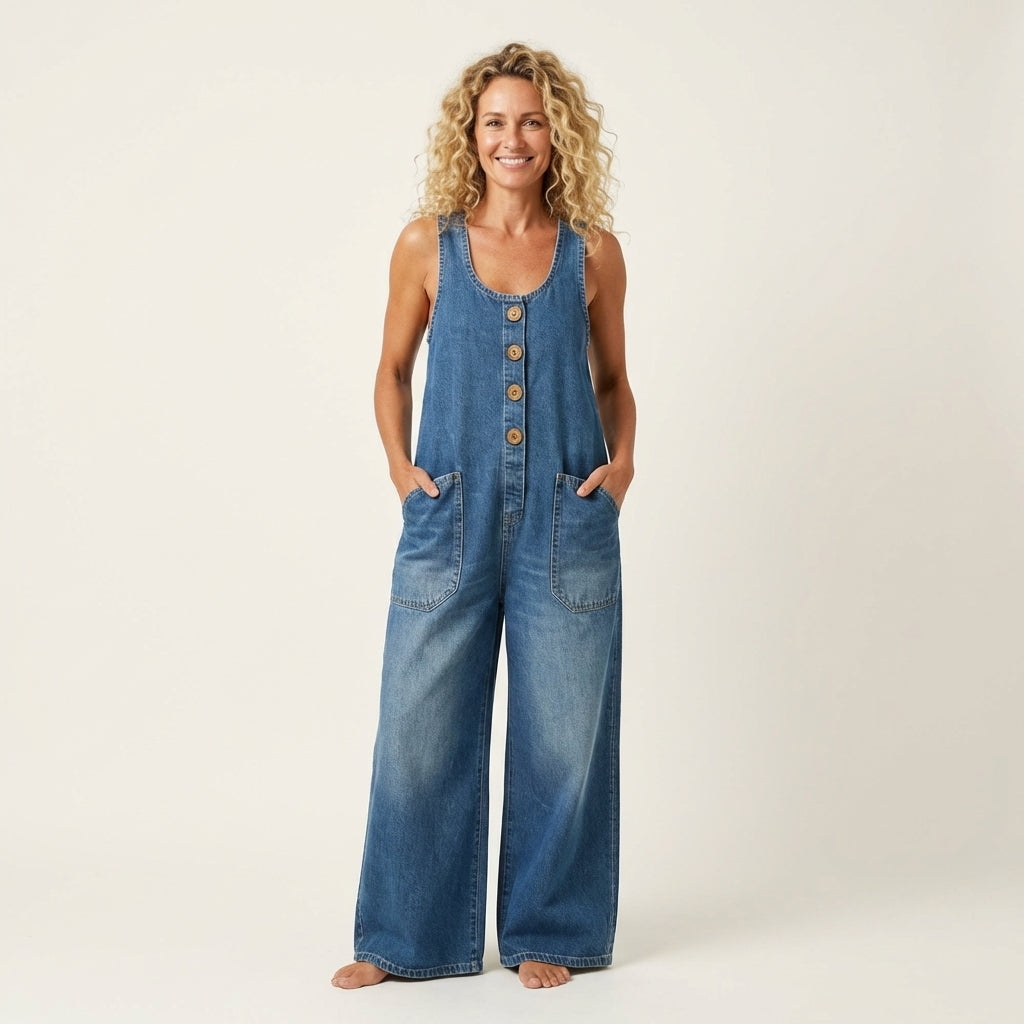Salopette con Bretelle e Bottoni in blu - Livia di Amora Moda