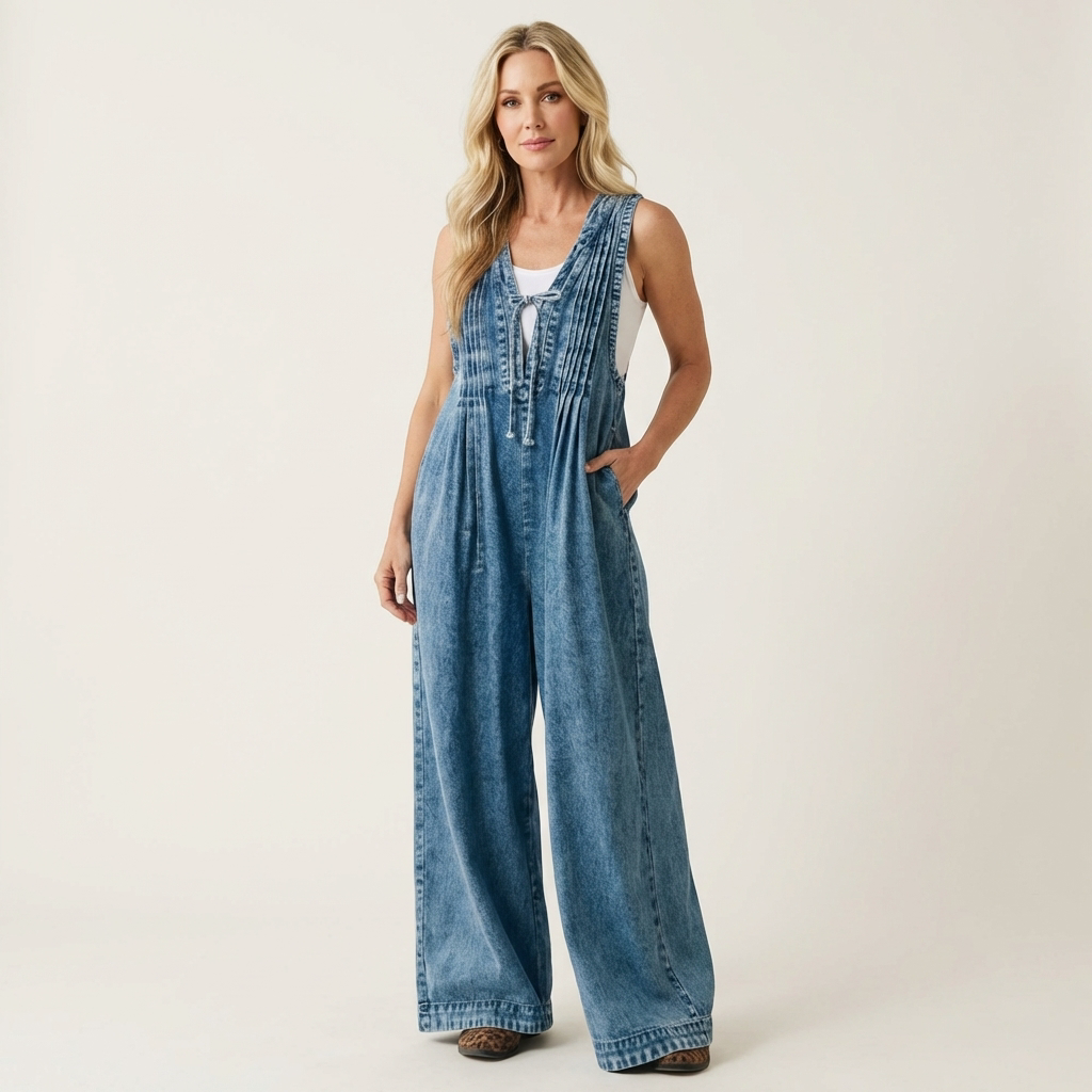Tuta in Denim Plissettata a Gamba Larga - Gemma di Amora Moda, foto 3
