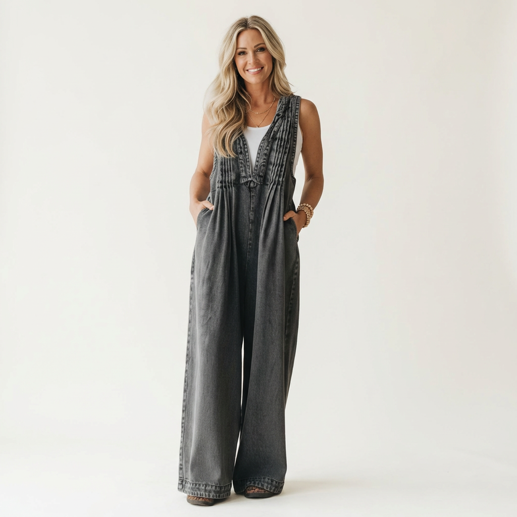 Tuta in Denim Plissettata a Gamba Larga - Gemma di Amora Moda