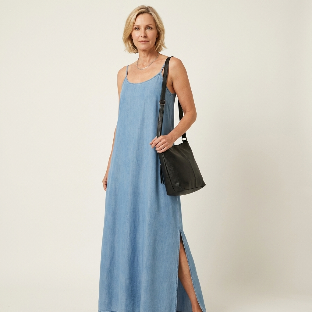 Abito Maxi in Denim con Spacco Laterale - Azzurra di Amora Moda, foto 3