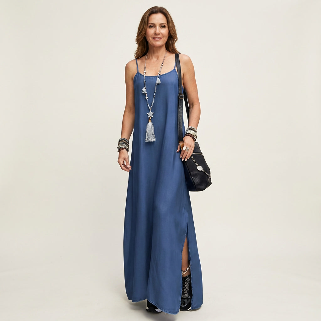 Abito Maxi in Denim con Spacco Laterale - Azzurra di Amora Moda