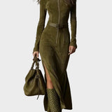 Abito Maxi in Camoscio Marrone con Cintura e Zip - Adriana di Amora Moda, foto 2