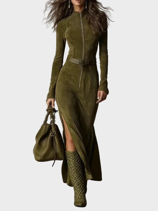 Abito Maxi in Camoscio Marrone con Cintura e Zip - Adriana di Amora Moda, foto 2