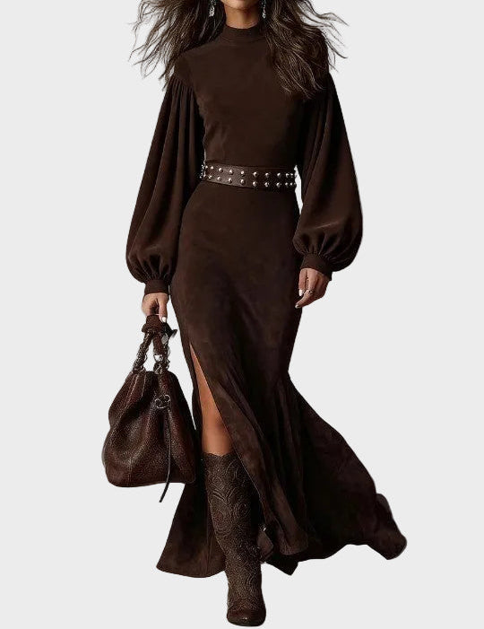 Abito Lungo Rétro a Maniche Lunghe con Mezzo Collo in marrone - Rita di Amora Moda, foto 2