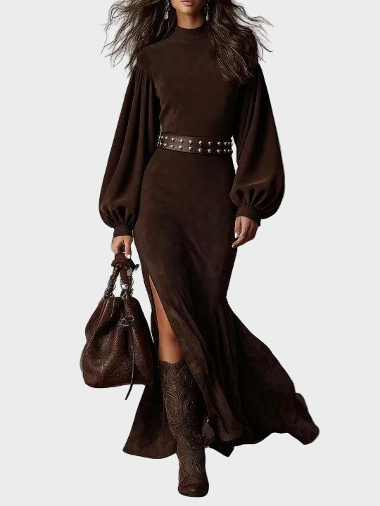 Abito Lungo Rétro a Maniche Lunghe con Mezzo Collo in marrone - Rita di Amora Moda, foto 2