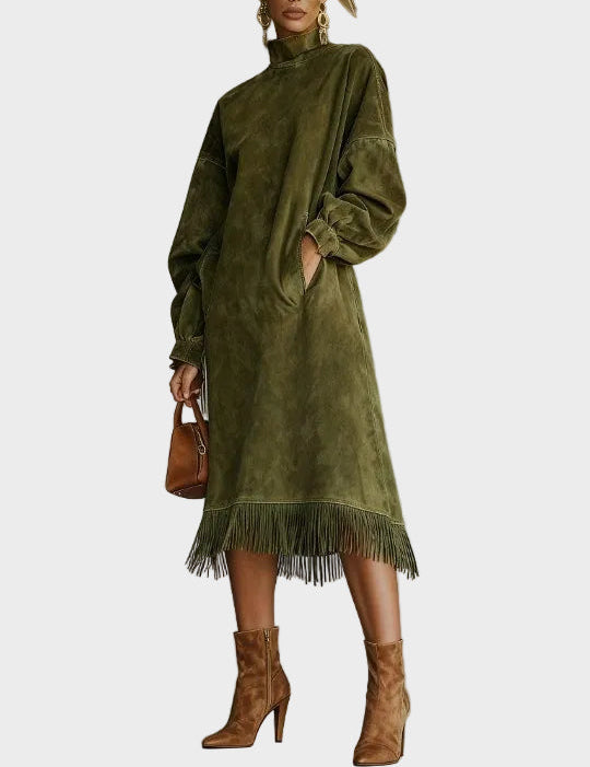 Abito in Camoscio con Collo Alto e Frange - Serena di Amora Moda