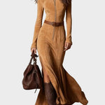 Abito Maxi in Camoscio Marrone con Cintura e Zip - Adriana di Amora Moda, foto 3