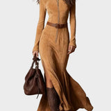 Abito Maxi in Camoscio Marrone con Cintura e Zip - Adriana di Amora Moda, foto 3