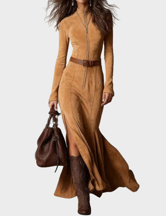 Abito Maxi in Camoscio Marrone con Cintura e Zip - Adriana di Amora Moda, foto 3