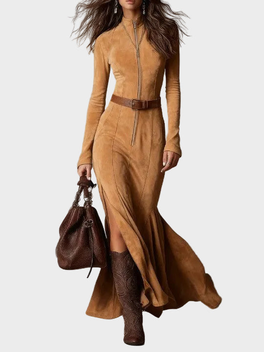 Abito Maxi in Camoscio Marrone con Cintura e Zip - Adriana di Amora Moda, foto 3