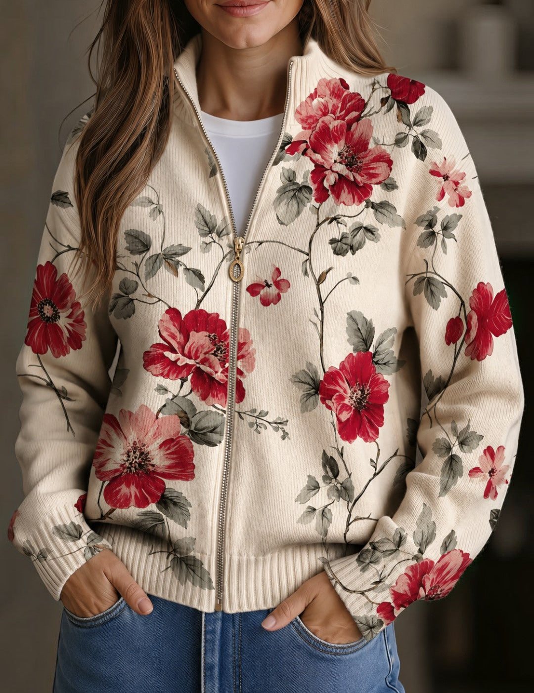 Cardigan con Motivo di Rose Vintage - Rosalia di Amora Moda