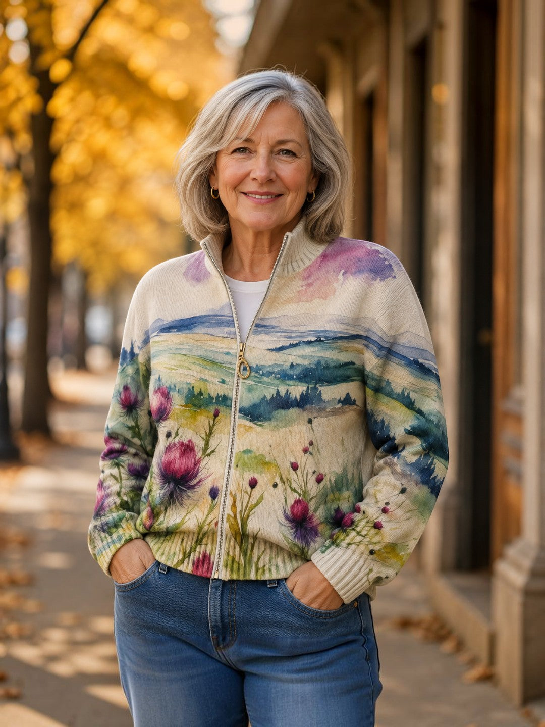 Cardigan con Motivo di Cardo e Paesaggio - Benedetta di Amora Moda, foto 2