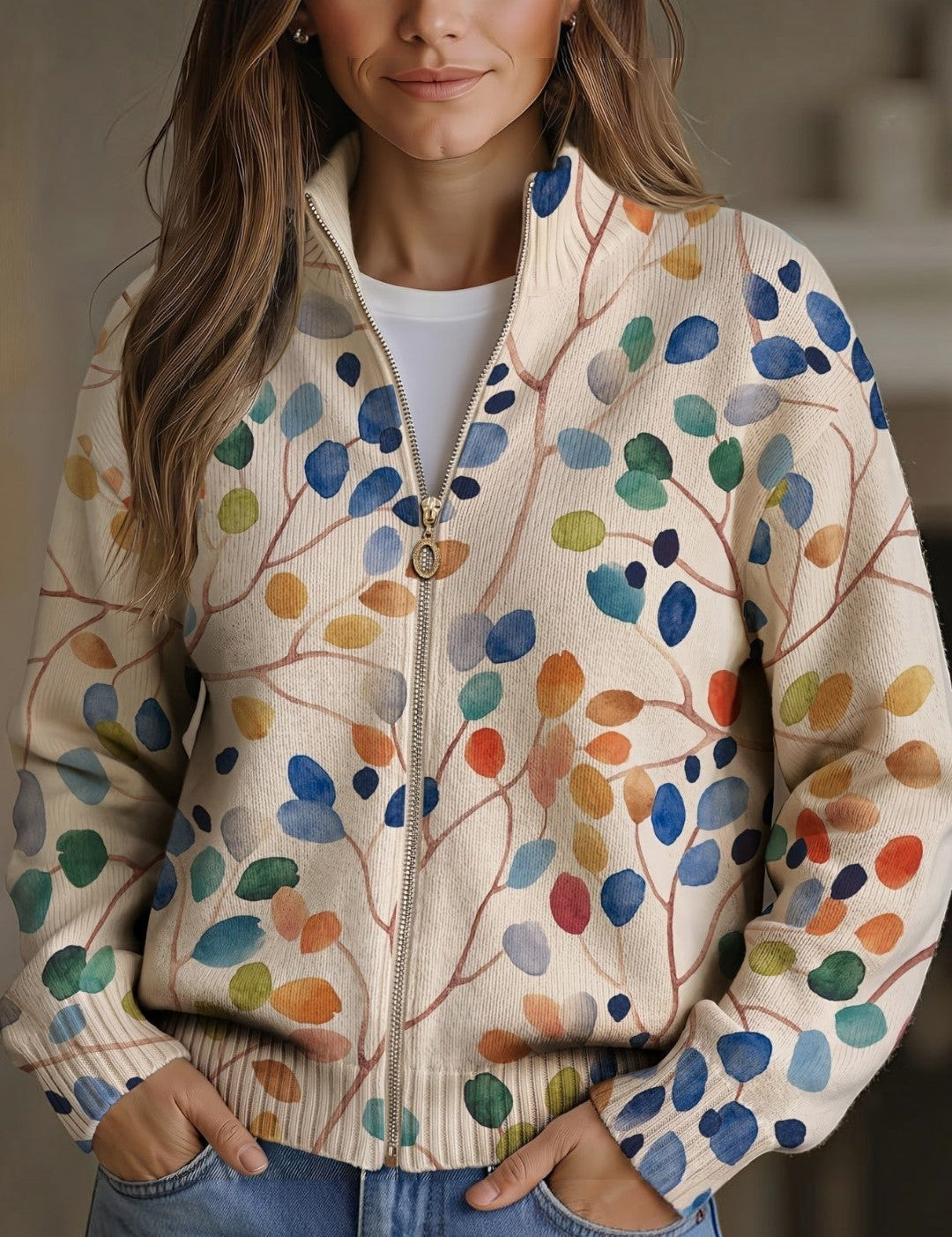 Cardigan con Motivo di Foglie Colorate - Fiamma di Amora Moda