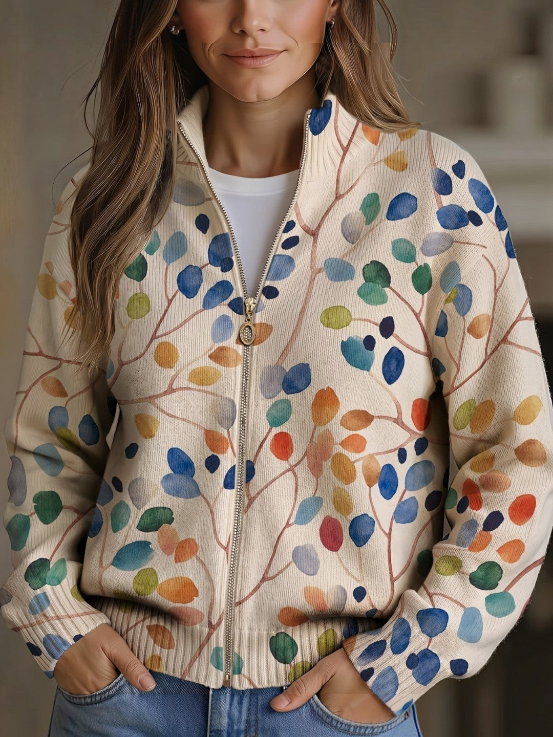 Cardigan con Motivo di Foglie Colorate - Fiamma di Amora Moda