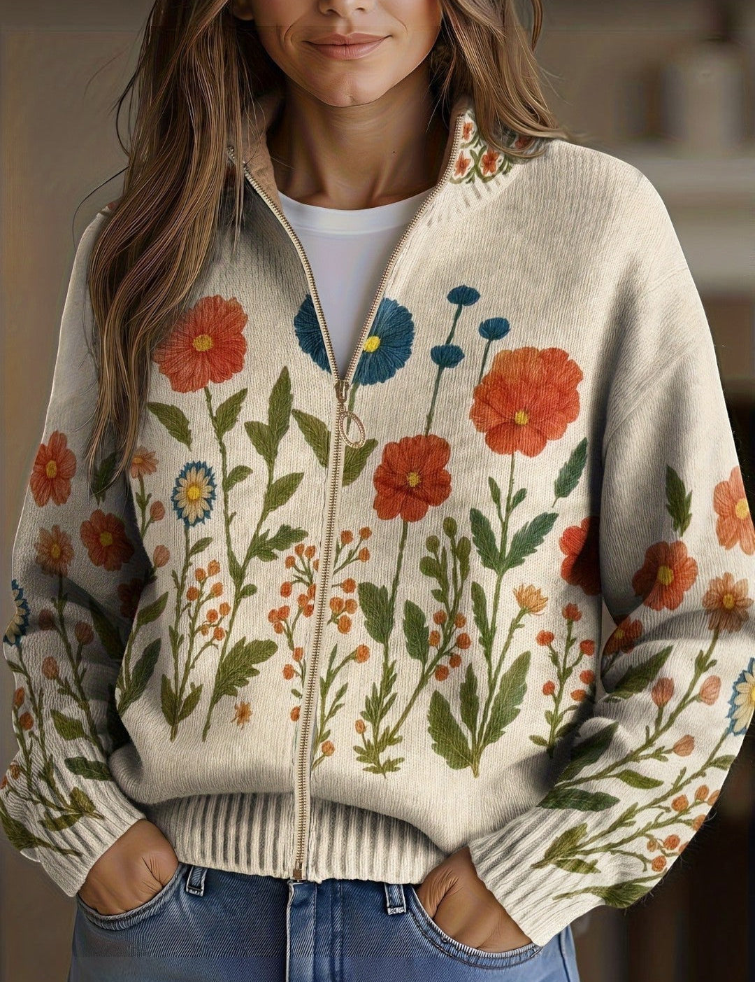 Cardigan con Motivo di Fiori Selvatici - Andrea di Amora Moda