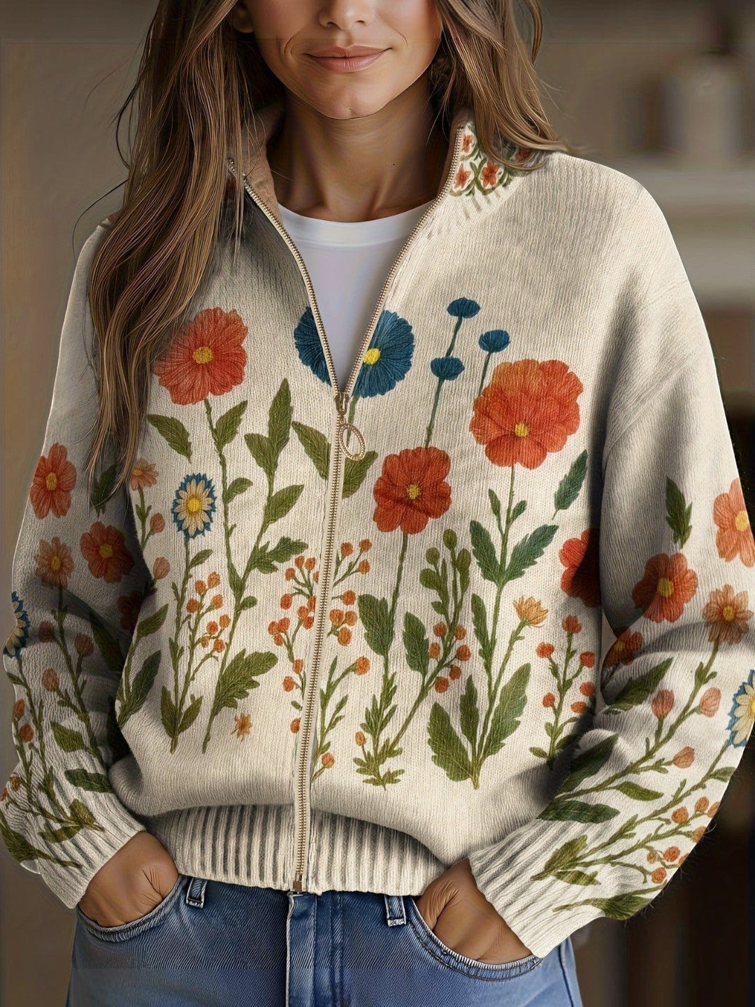 Cardigan con Motivo di Fiori Selvatici - Andrea di Amora Moda
