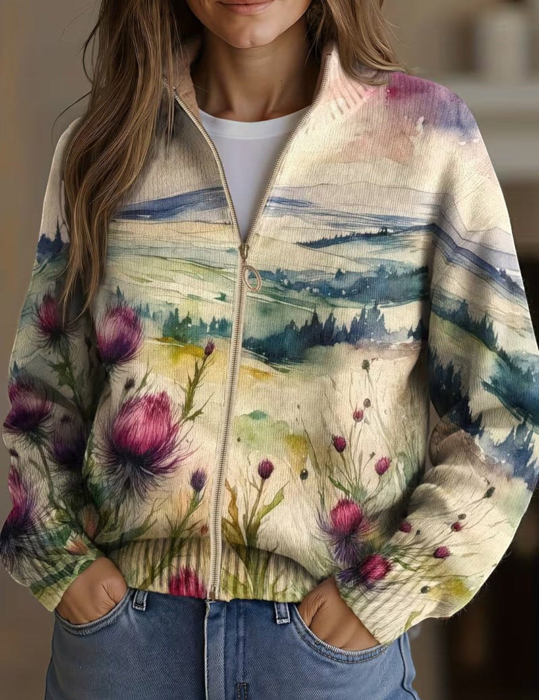 Cardigan con Motivo di Cardo e Paesaggio - Benedetta di Amora Moda