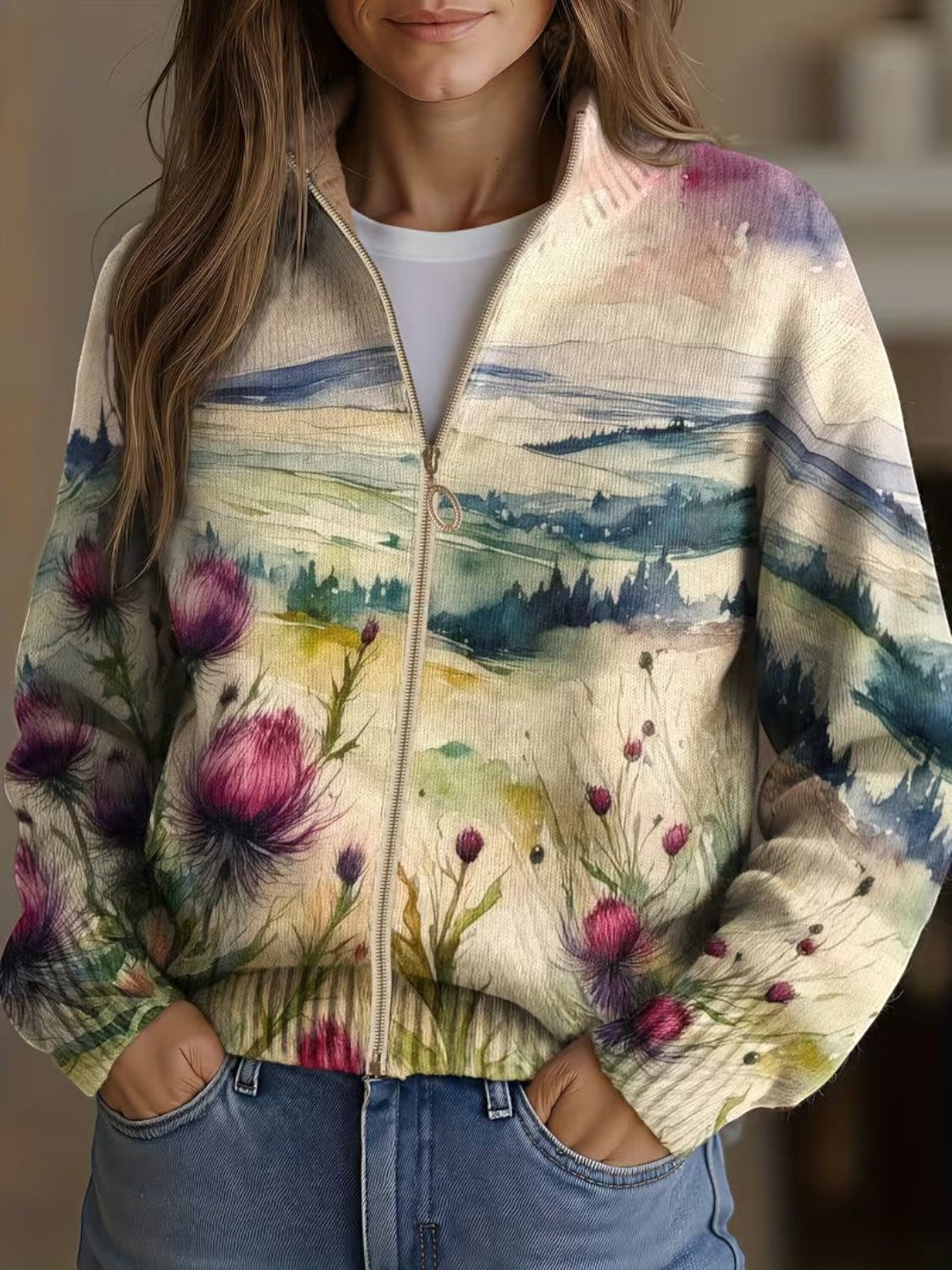 Cardigan con Motivo di Cardo e Paesaggio - Benedetta di Amora Moda