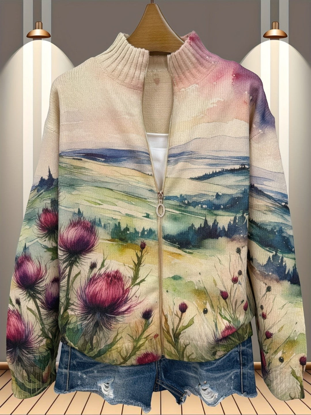 Cardigan con Motivo di Cardo e Paesaggio - Benedetta di Amora Moda, foto 4