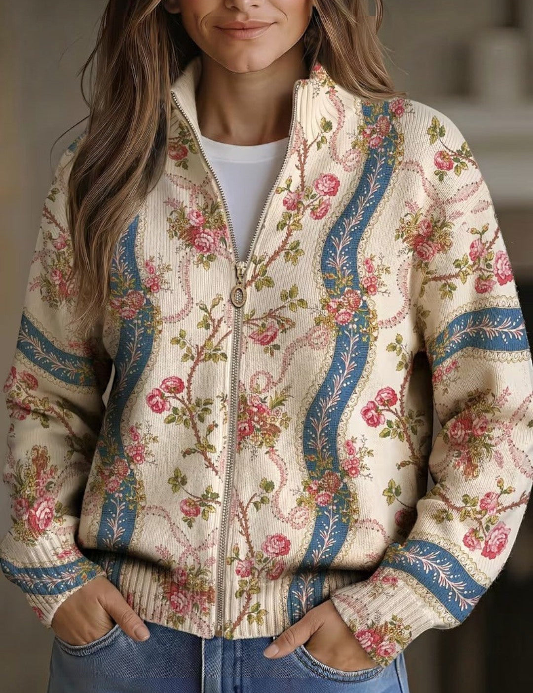 Cardigan con Motivo di Rose Rampicanti - Gioia di Amora Moda