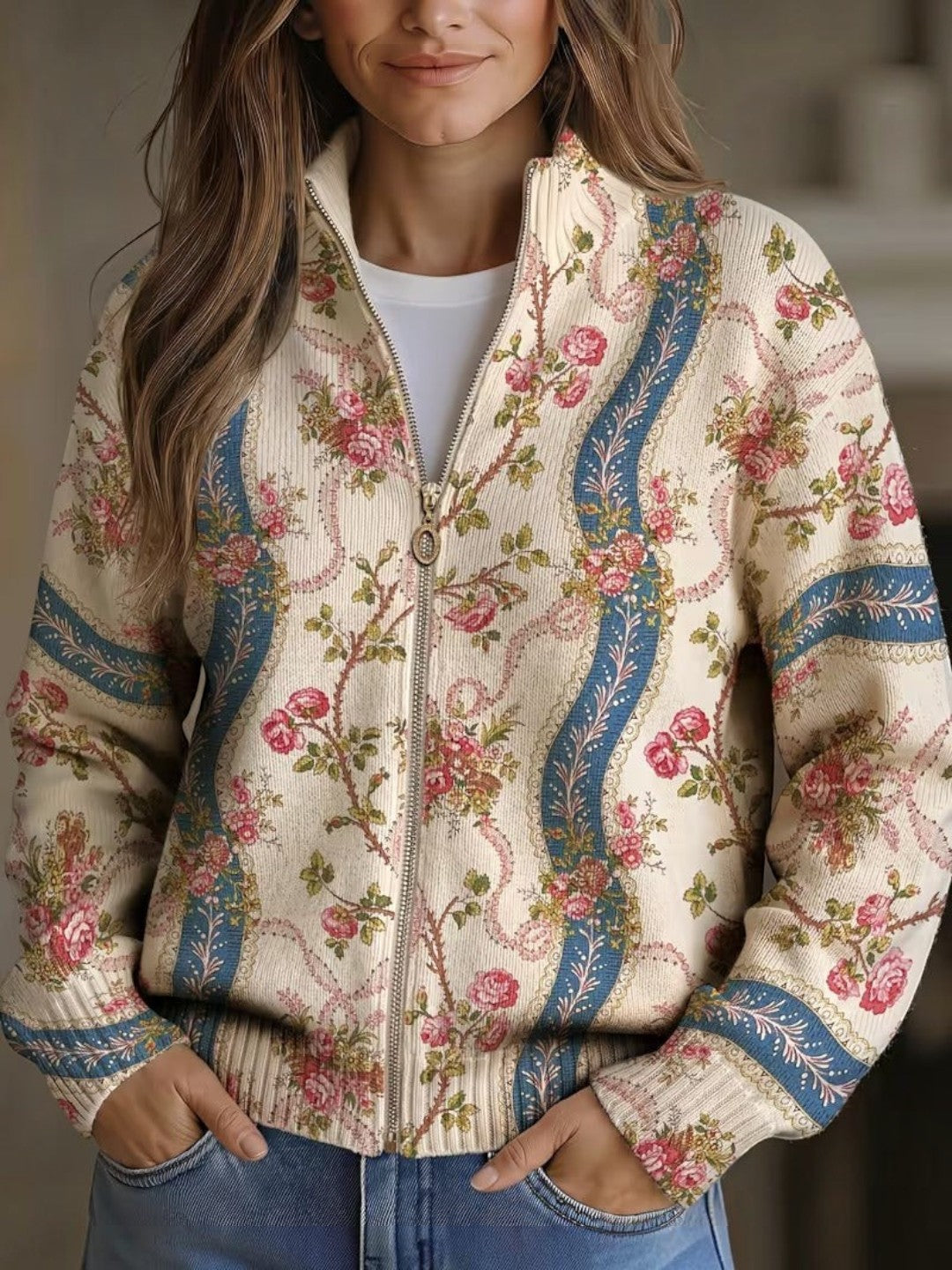 Cardigan con Motivo di Rose Rampicanti - Gioia di Amora Moda