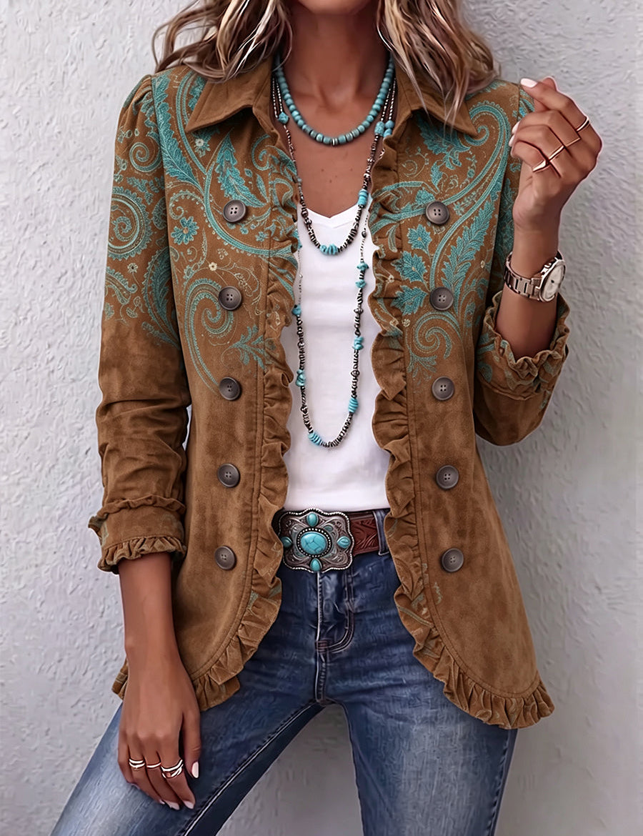 Giacca con Volant a Stampa Paisley in marrone - Grazia di Amora Moda